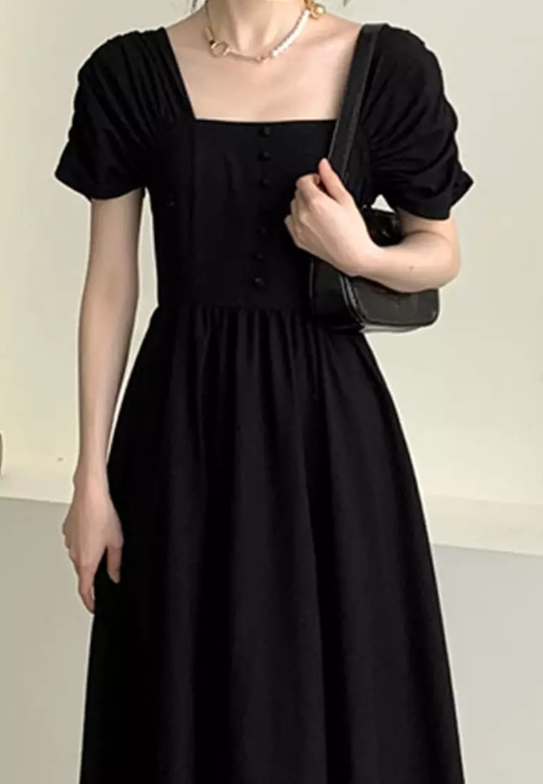 氣質收腰顯瘦方領A字連身裙 A22033115