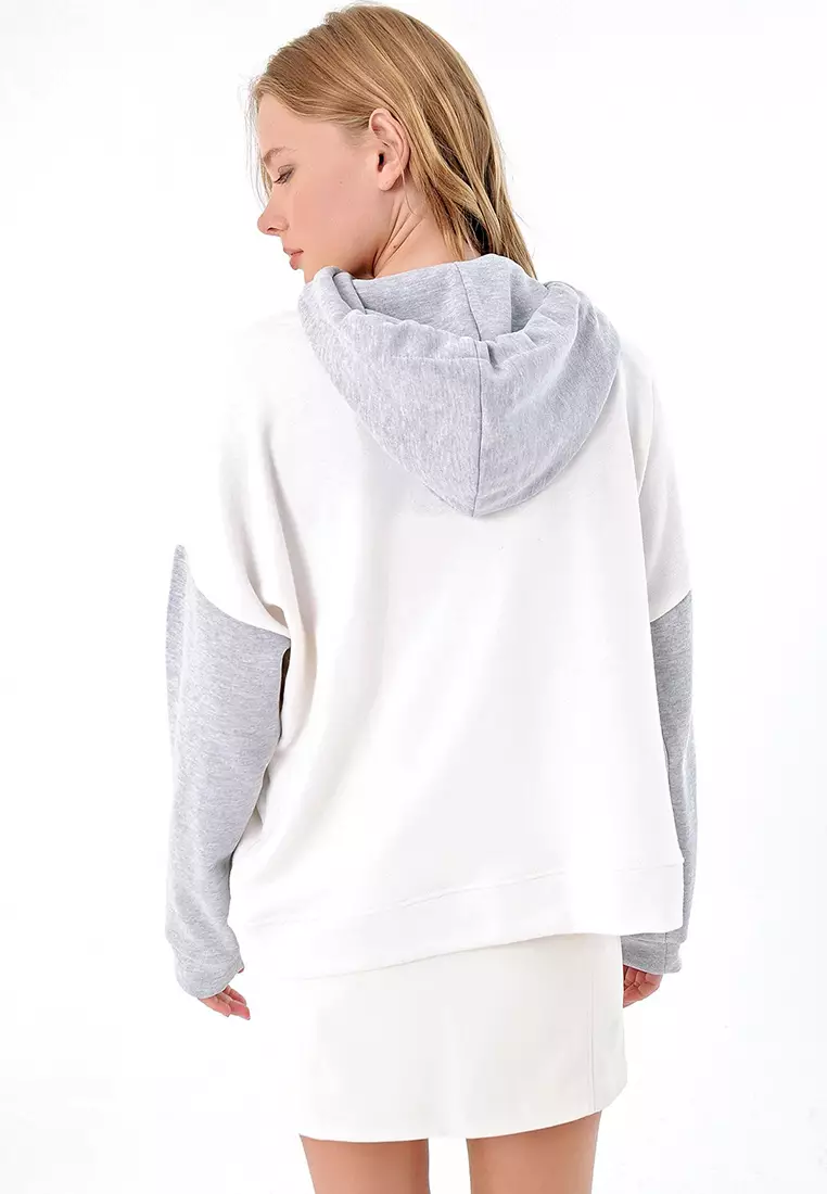 Women's Ecru Brandy Color Block Oversized Hoodie / Sweatshirt Alc-X4977