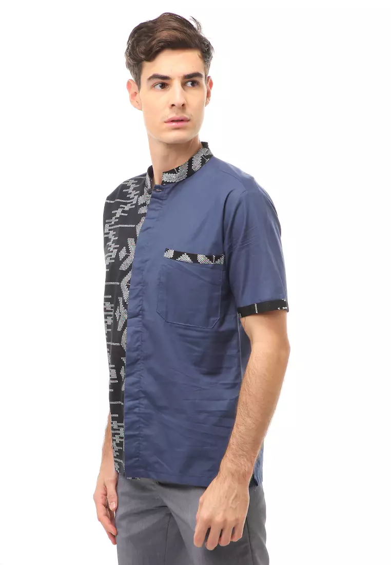 Dwan Atasan Formal Pria Kemeja Koko Batik Lengan Pendek Material Cotton ORIGINAL - Navy