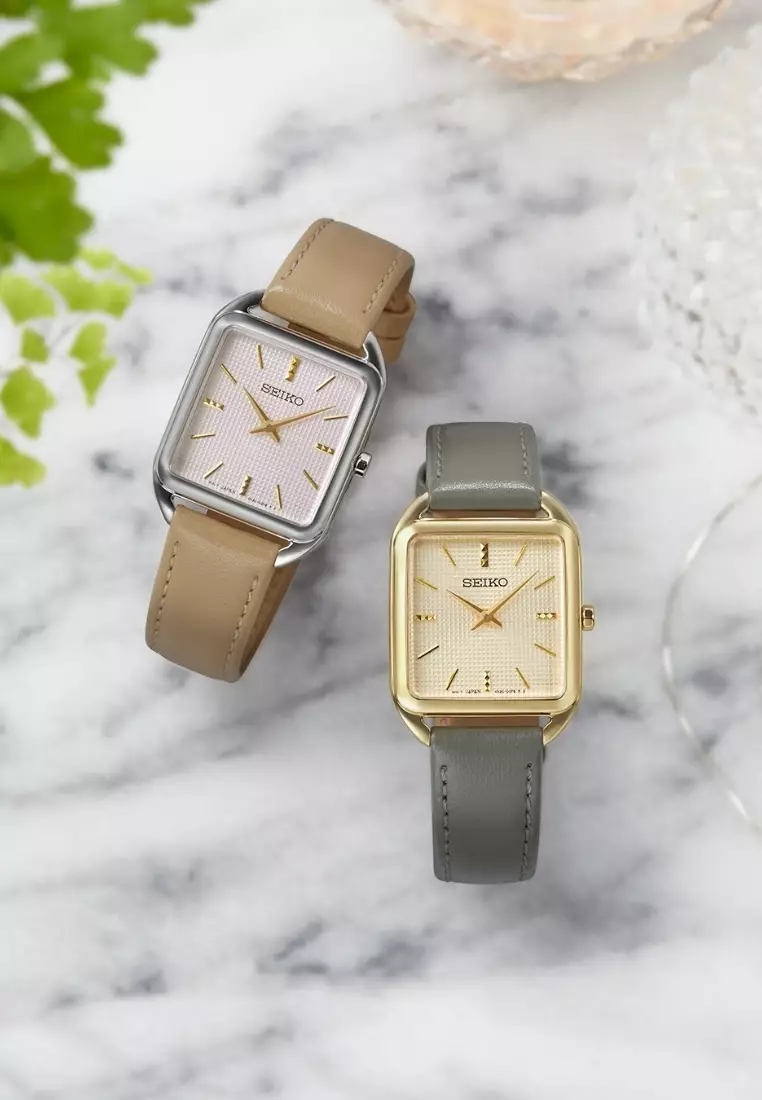 Seiko Lady Essentials Collection Square Case Champagne Dial Gray Leather Band Quartz Watch SWR090P1