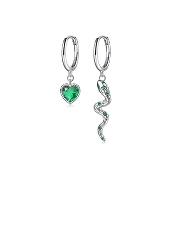 Glamorousky green 925 Sterling Silver Fashion Creative Heart-shaped Snake Asymmetric Earrings with Cubic Zirconia E9A60AC706D659GS_1