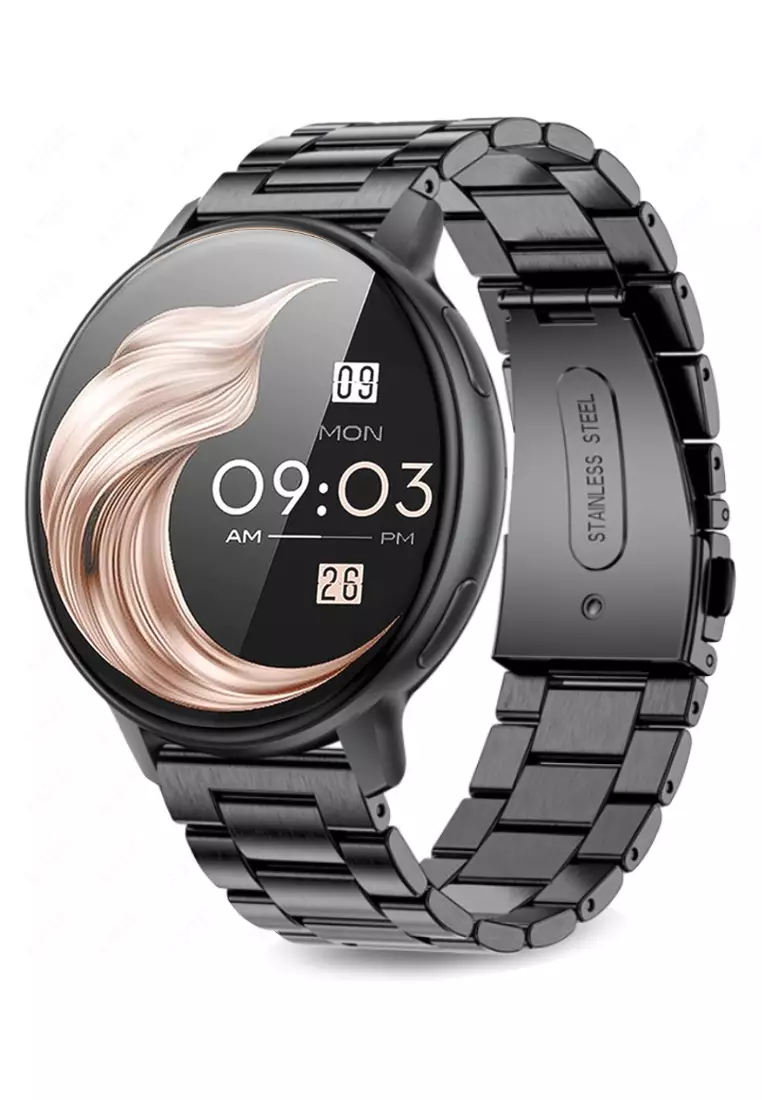 Unisex Round Smart Watch - 1.39 inch Large HD Screen - IP Black with Stainless Steel Bracelet + 1 Free Rubber Strap - Black