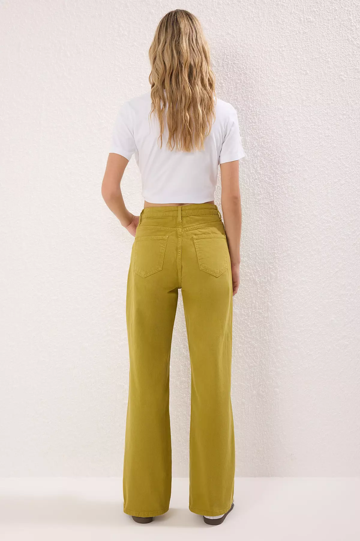 Oil Green Waist Detail High Waist Wide Leg Trousers TWOAW25JE00039