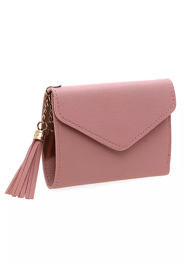 Dompet Wanita Aksen Rumbai Motif Solid Design Pastel Detail Kancing Snap - Pink Muda