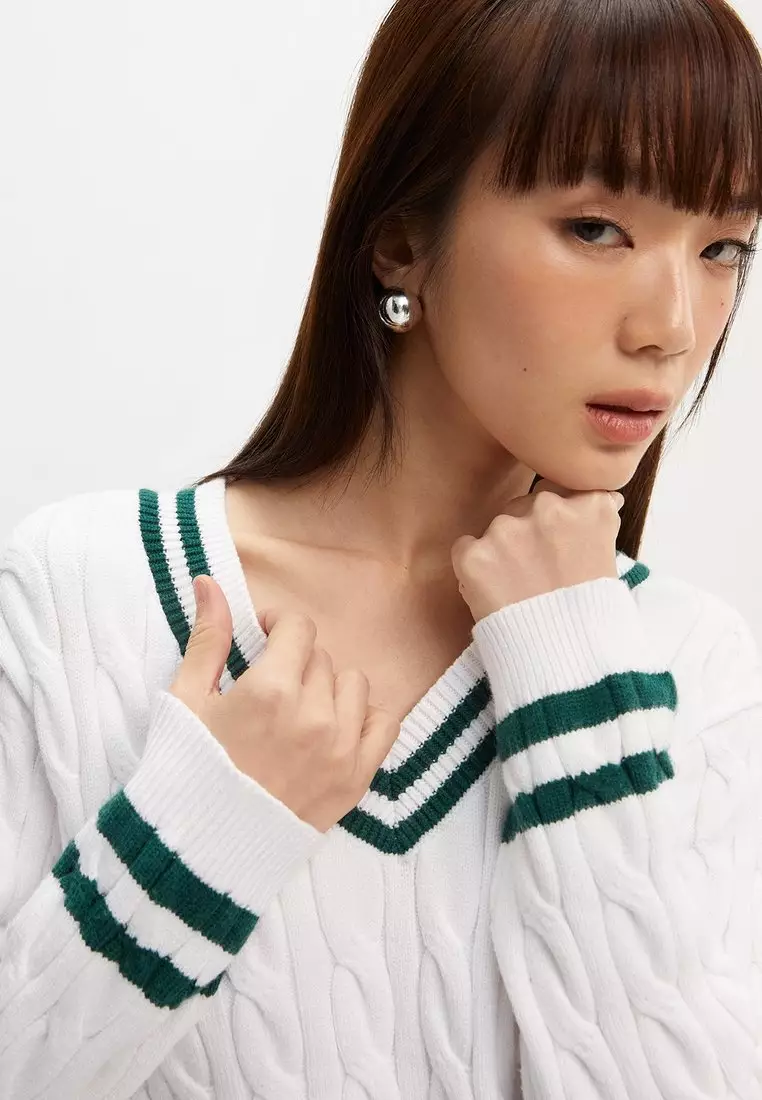 Contrast Stripe Cable Knit Sweater - White