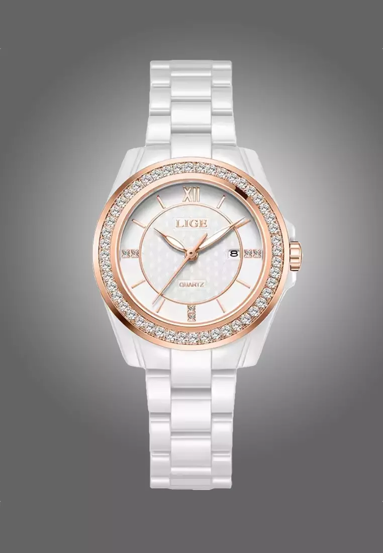 Ladies Alloy Quartz Watch, 32mm , Paved with Crystals, Ceramic Bracelet