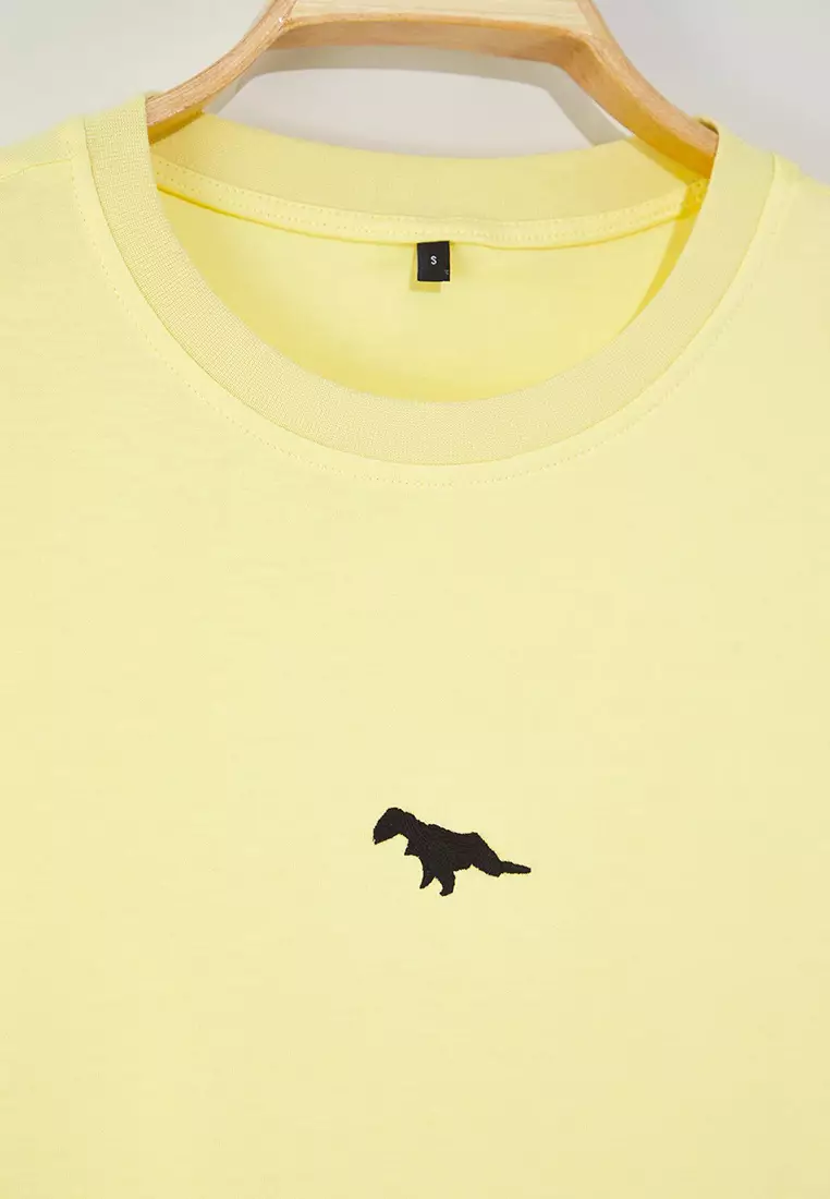 Yellow Oversize/Wide Cut Short Sleeve Dinosaur Embroidered 100% Solid Fabric T-shirt TMNSS23TS00243