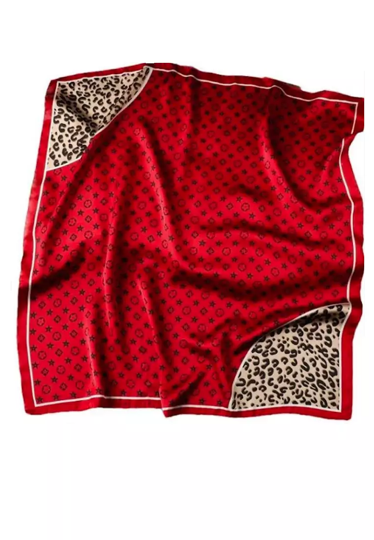 Aksesoris Scarf Leopard Print Border Motif Silky Square Satin Scarf Segi Empat Ukuran Kecil Red & Black