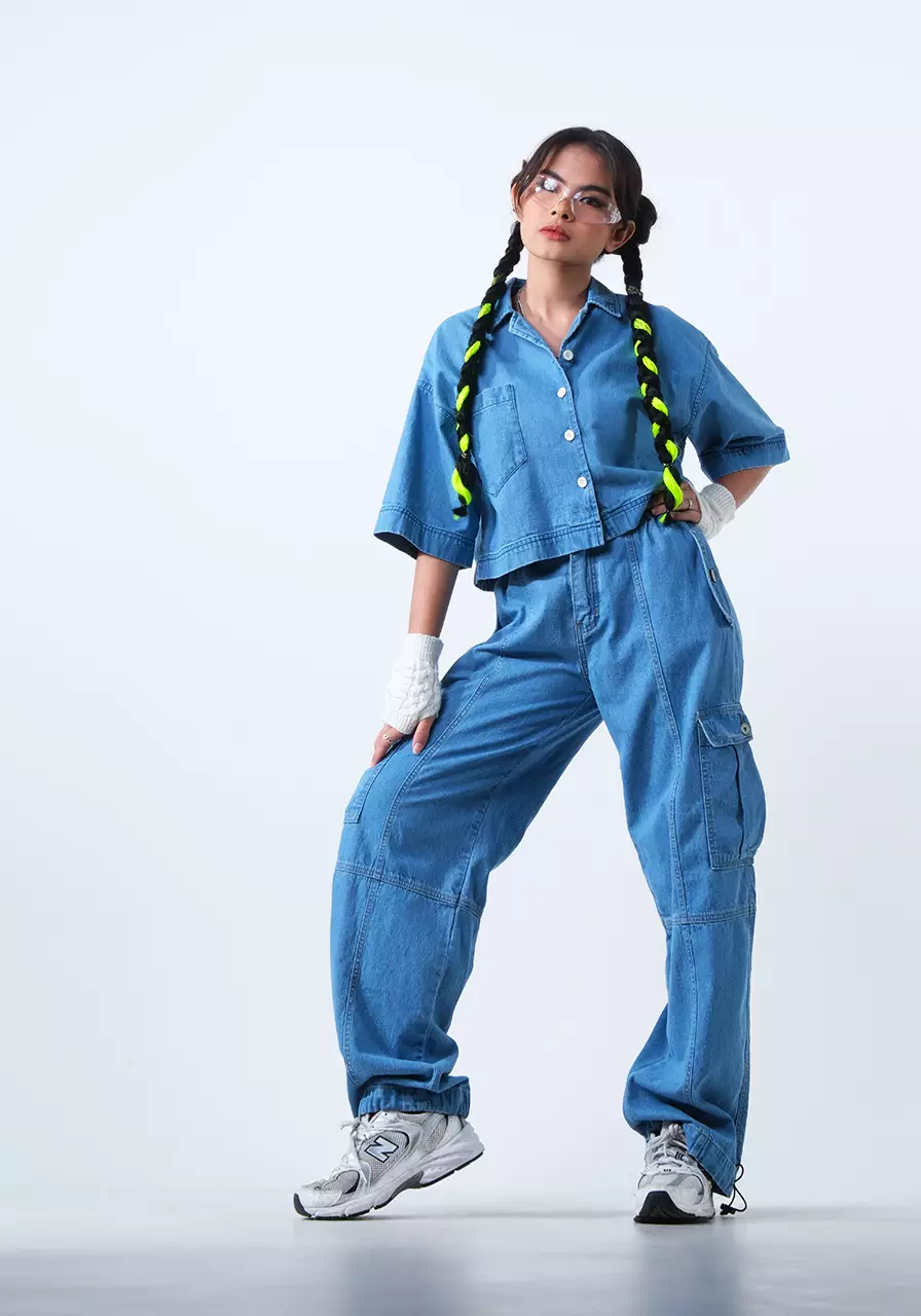 Celana Wanita Denim Cargo Hachi Medium Blue