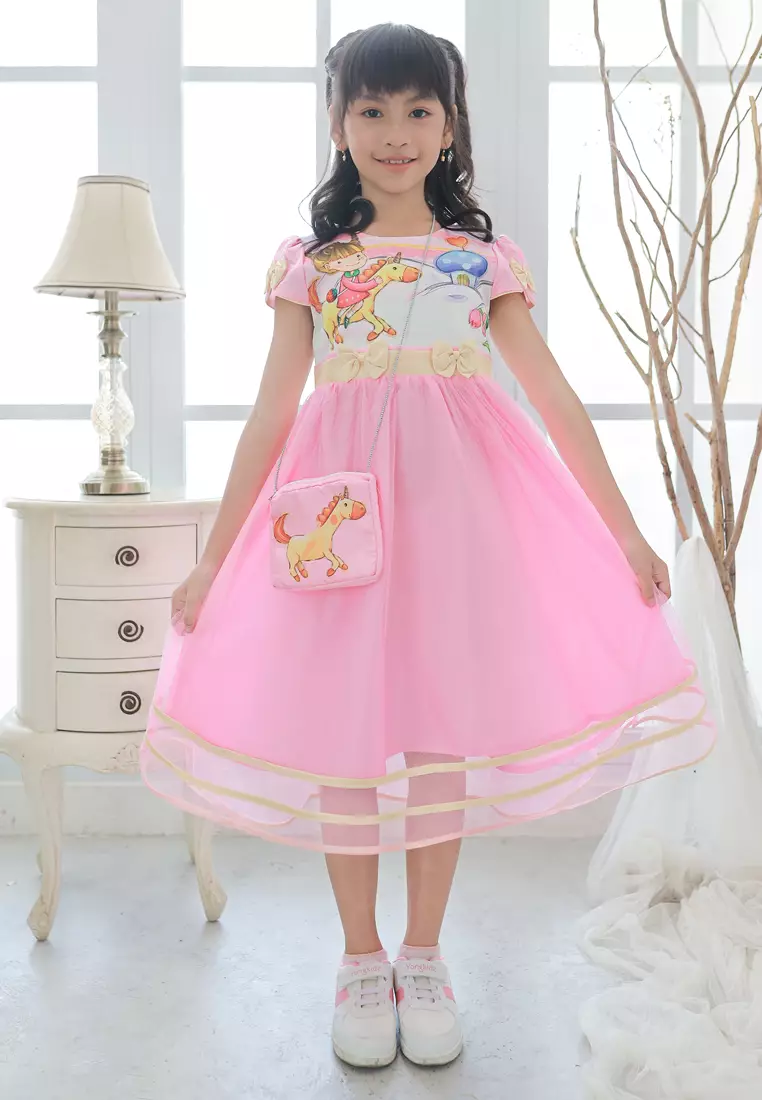 Two Mix Baju Anak Anak Perempuan - Dress Anak Cewek Fashion Bahan Kaos dan Satin Usia 1-12 Tahun 4258