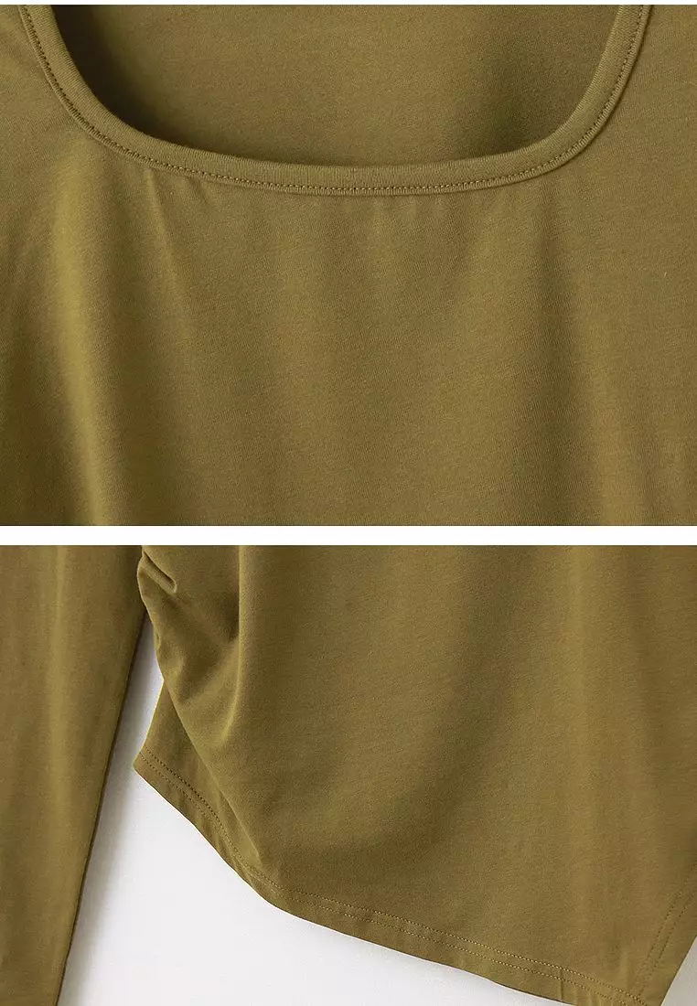 Ruched Detail Asymmetric Hem Long Sleeve Tee [AB17691]