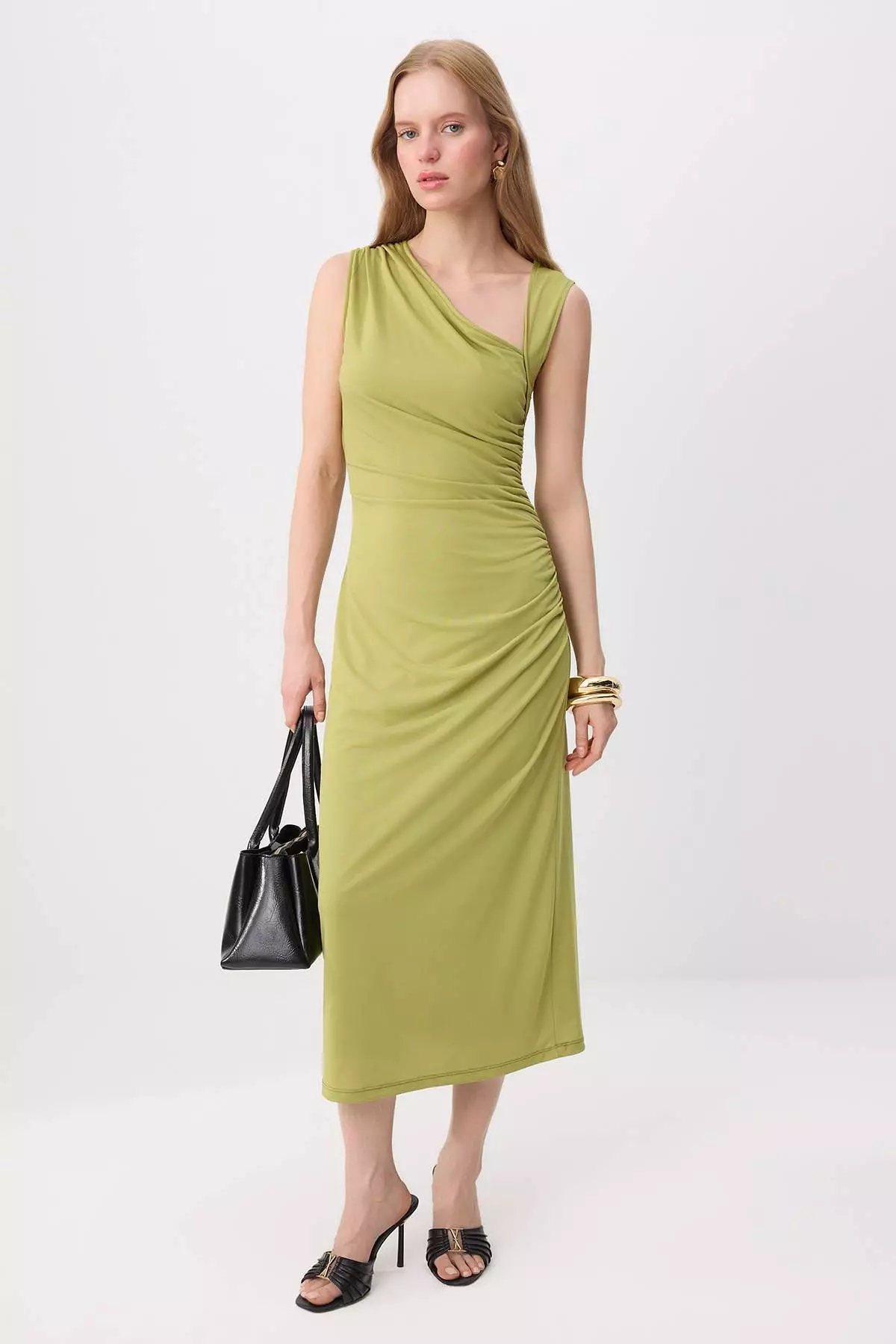 Oil Green Bodycon Asymmetrical Collar Sleeveless Shirred Maxi Stretchy Knitted Dress Twoss26El01062