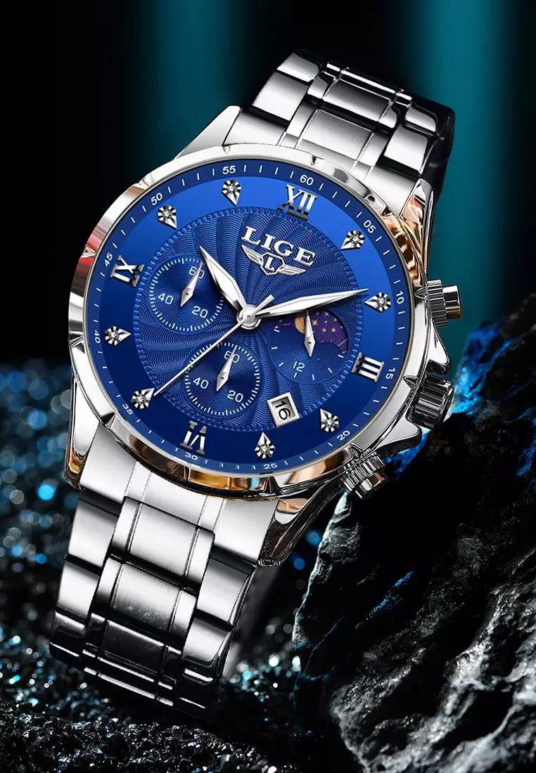 Chronograph Unisex Stainless Steel Quartz Watch, Blue dial, on Steel Bracelet