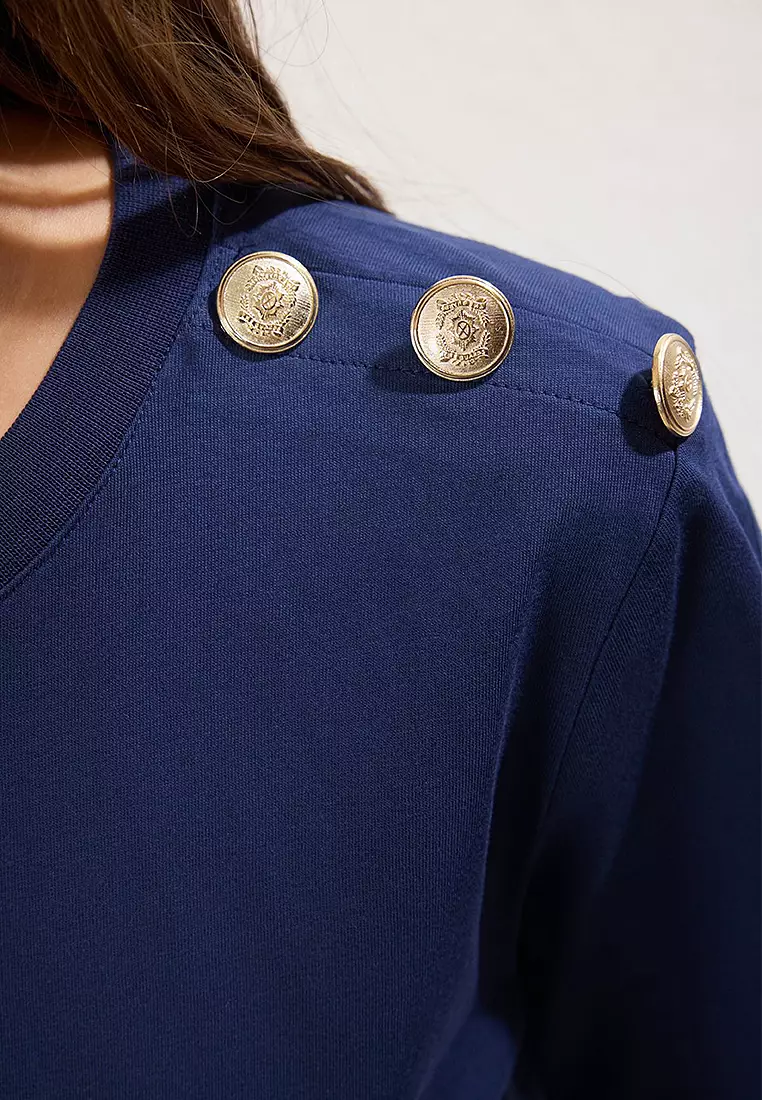 Navy Blue Gold Button Detail Regular Cut Knitted T-Shirt