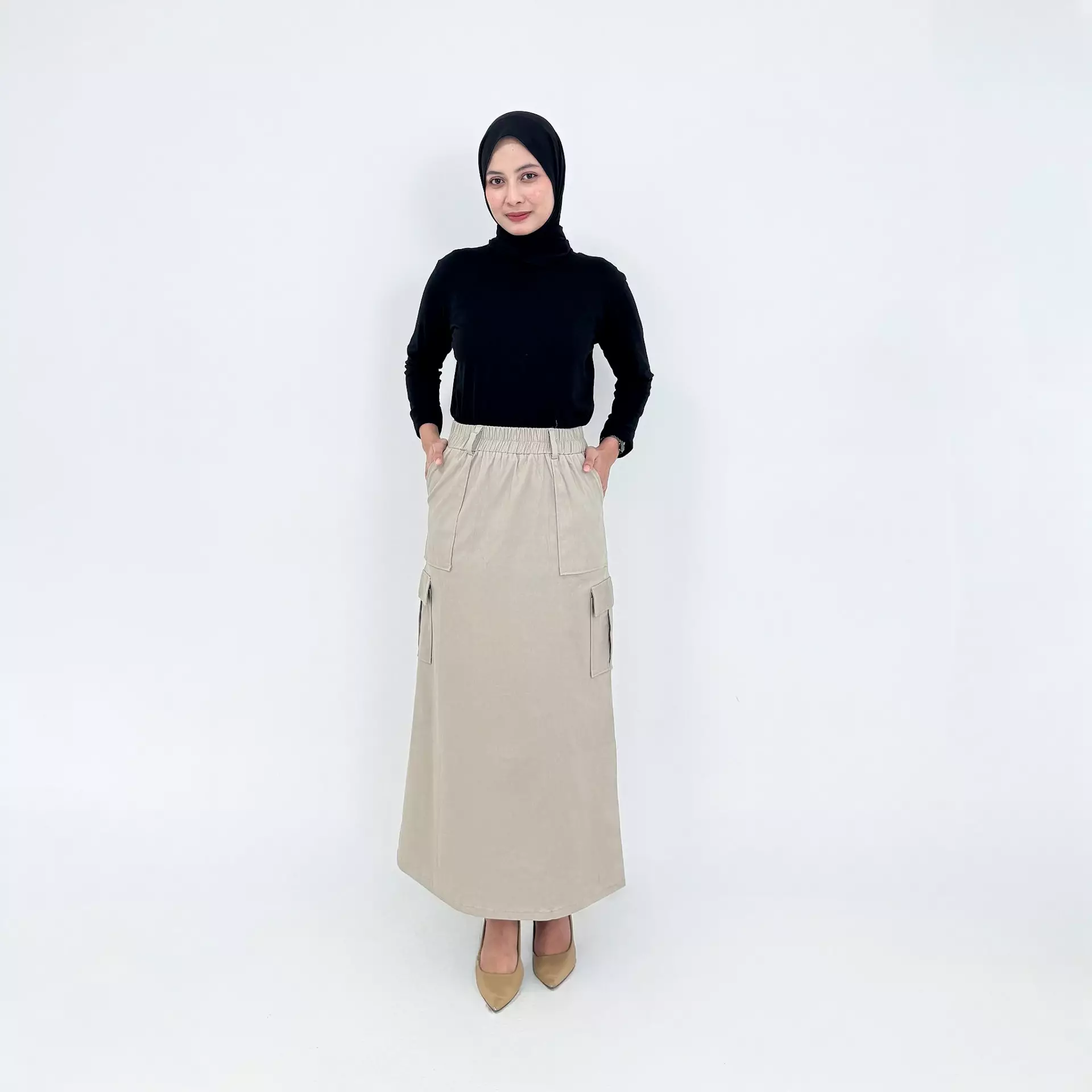 Rok Panjang Cargo Twill Keisha - KREM