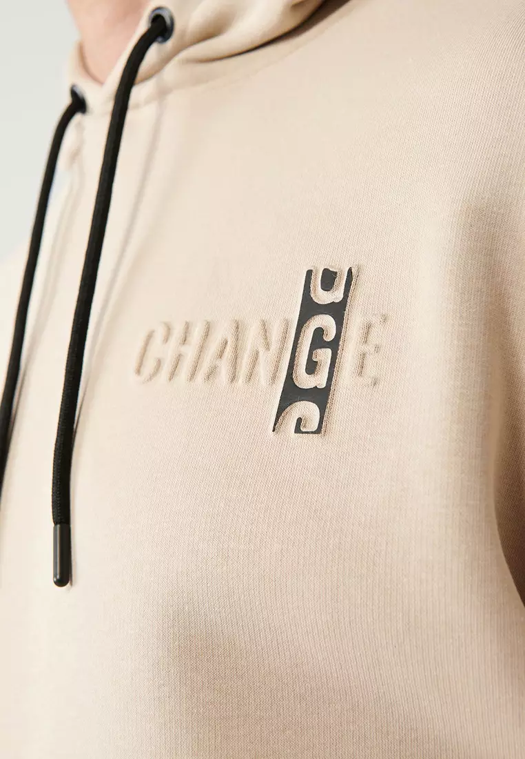Men's Beige Hooded 3 Thread Raised Sweatshirt A32Y1190