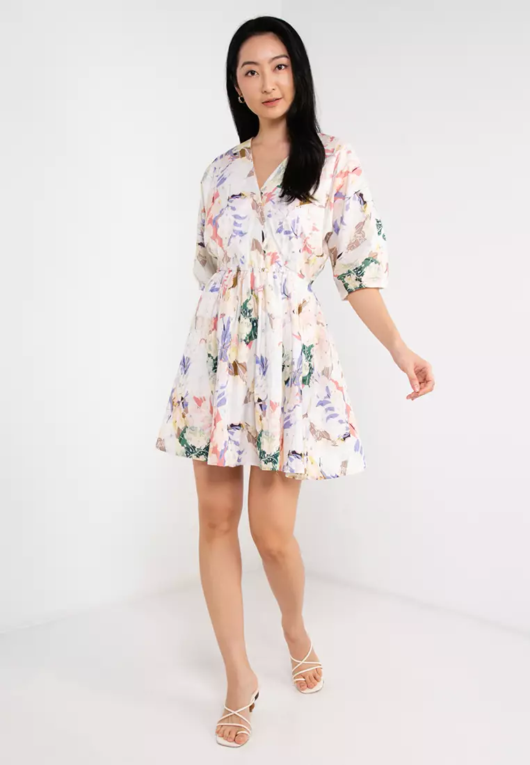 Wrap Front V Neck Printed Dress