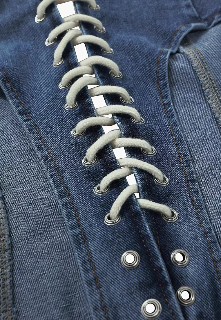 Jeans Biru Atasan Korset Denim Renda