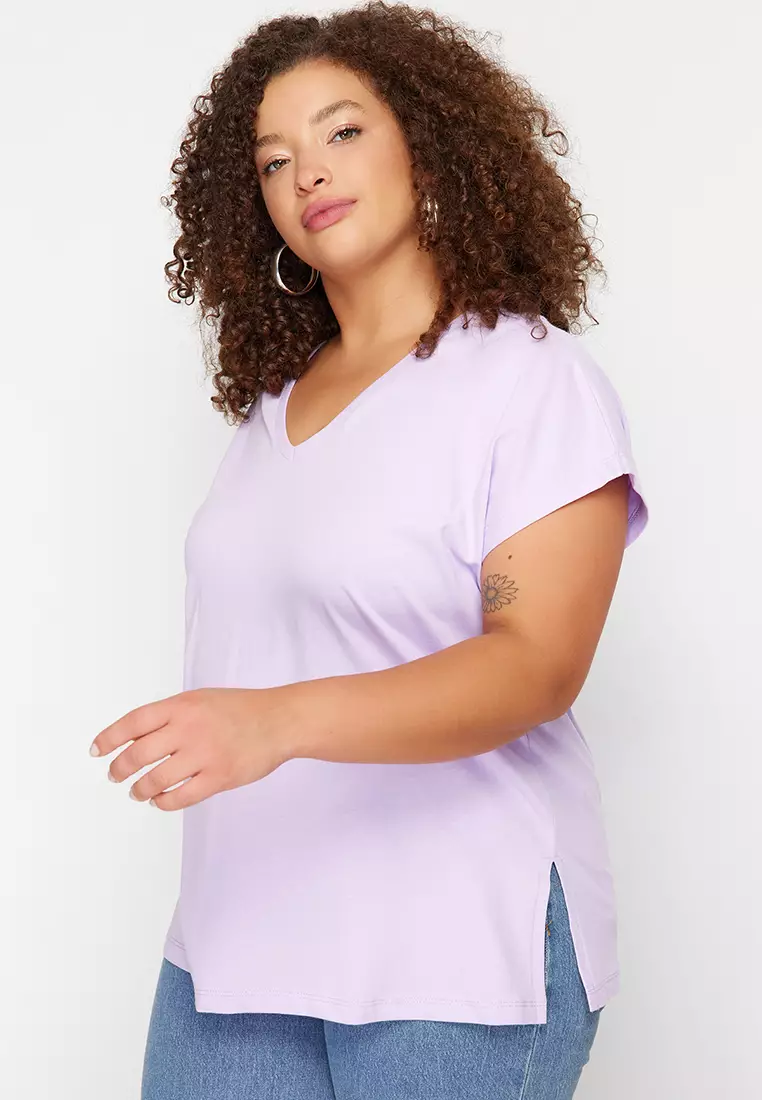 Plus Size V-Neck Slit T-Shirt