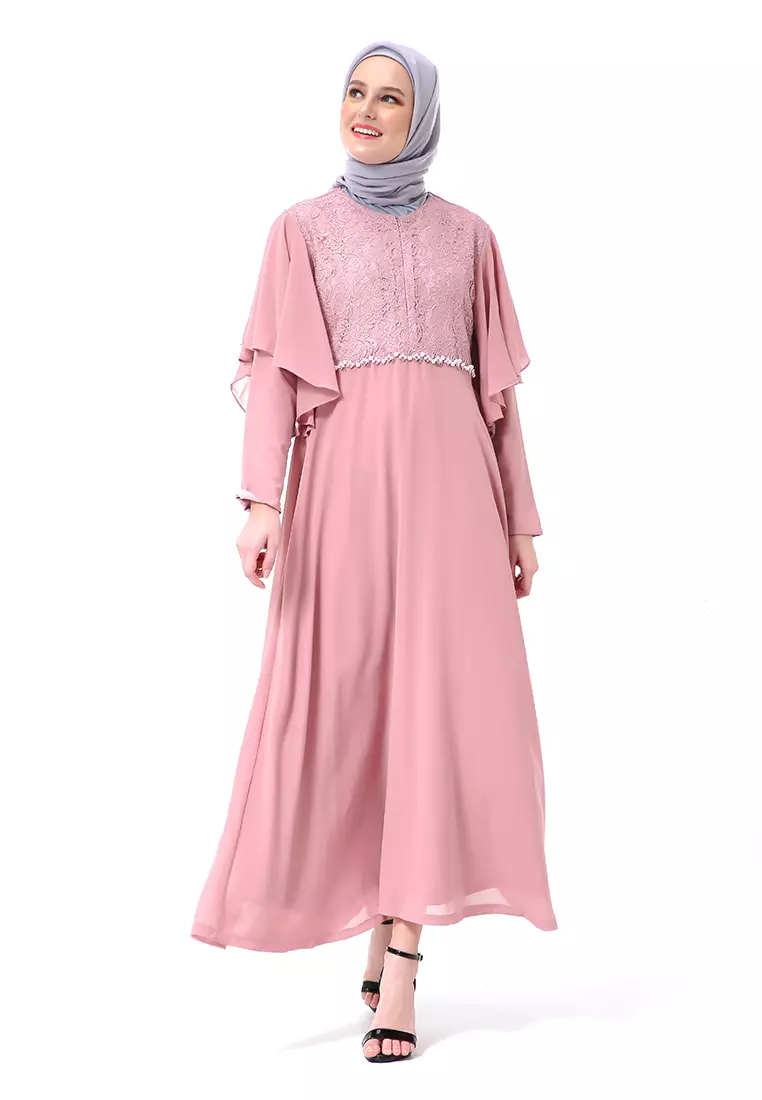 Hilda Dress Panjang Muslimah Wanita Long Sleeve High Quality Premium - Pink