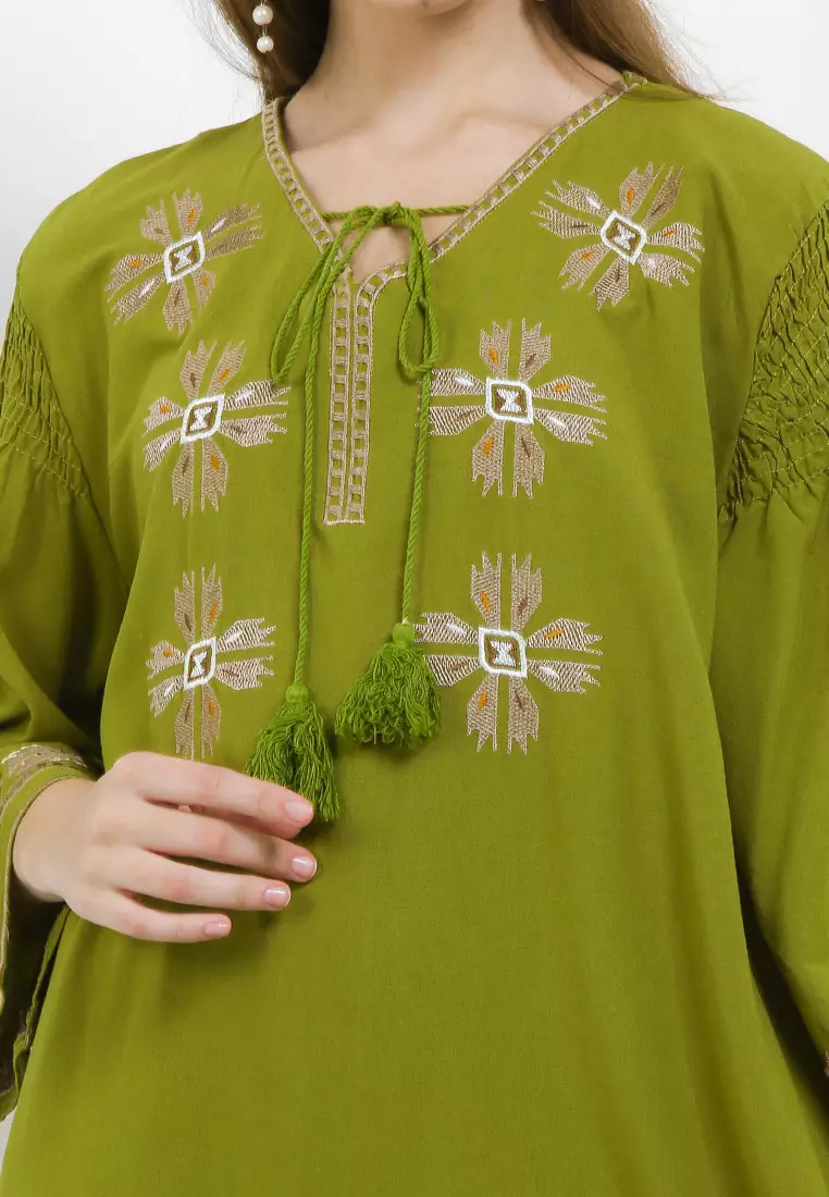 Asym Hem Emb Linen Smocked Detail On Sleeve Tunic