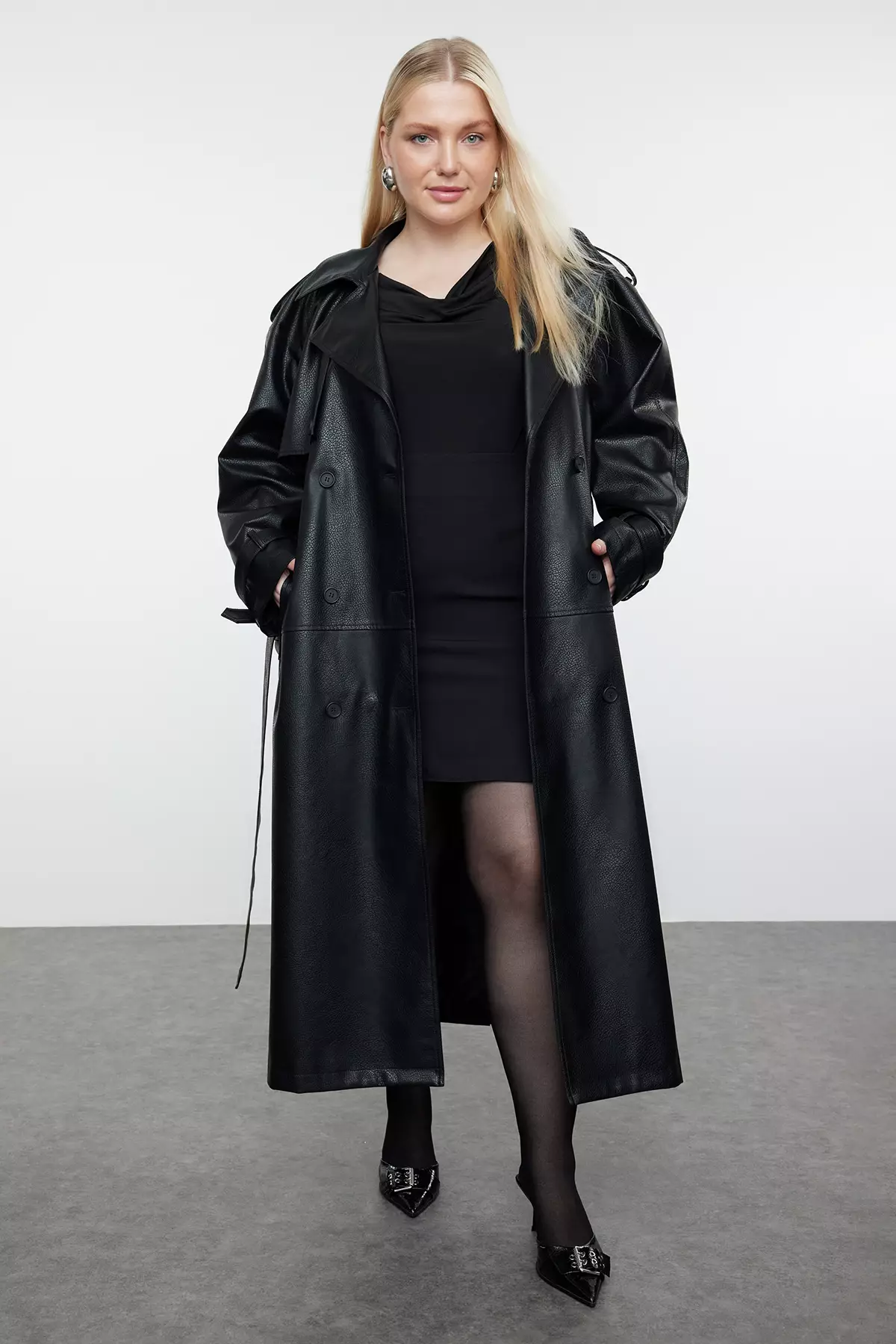 Buy Trendyol Regular Fit Midi Length Faux Leather Plus Size Trench