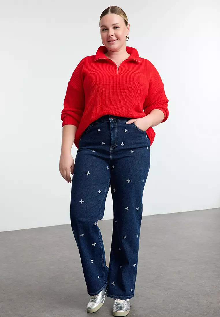 Red Zipper Collar Knitwear Sweater Tbbaw25An00026