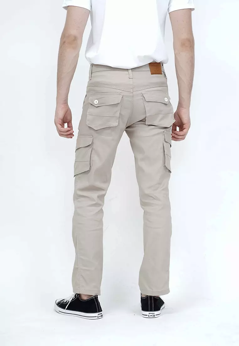 Celana Panjang kargo Pria Slim Fit Cargo pants kantong stretch melar Krim