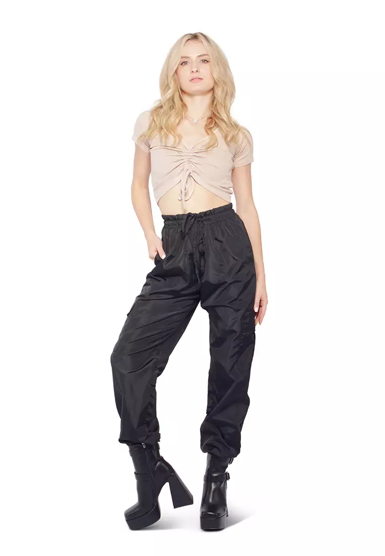 Beige Drawstring Detail Crop Top