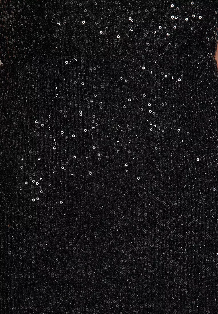 Black Sequin Embellished Elegant Evening Prom Christmas Dress