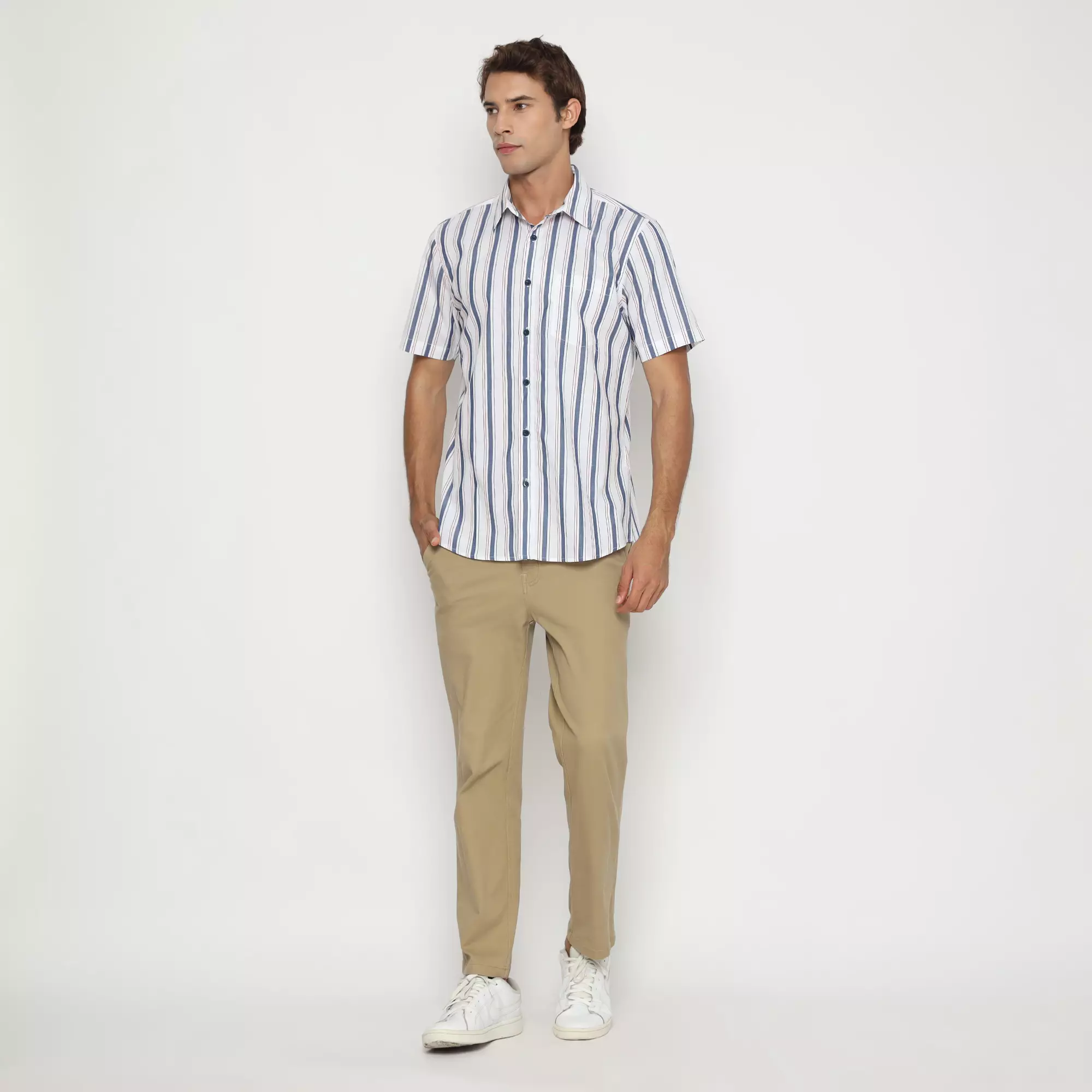 Platini Kemeja Motif Salur Pria Lengan Pendek Katun Biru 73465