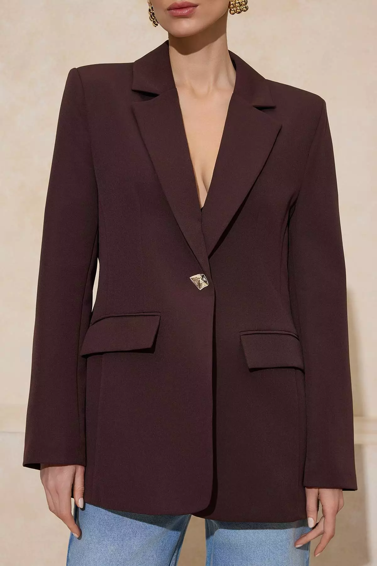 Dark Brown Accessory Buttoned Regular Fit Woven Blazer Jacket Twoss26Bc2