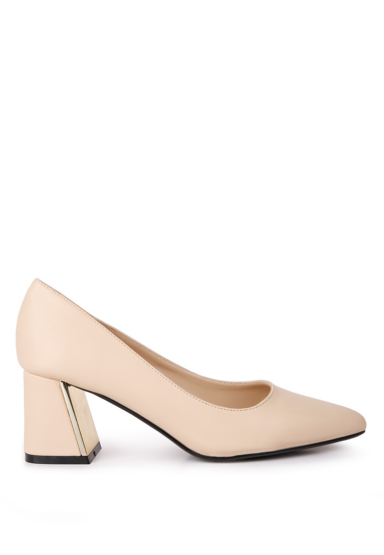 Beige Metallic Detail Block Heel Pumps