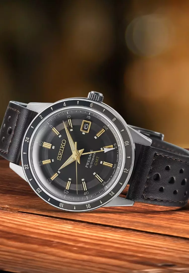 Seiko Presage ‘Fume’ Style 60s Road Trip GMT Dark Brown Dial Leather Band Automatic Watch SSK013J1