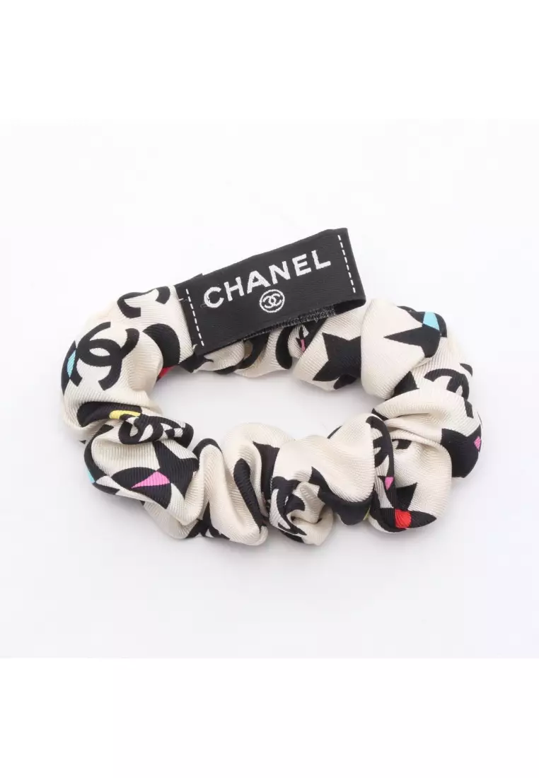 Pre-Loved Chanel scrunchie hair accessory silk ivory black multicolor