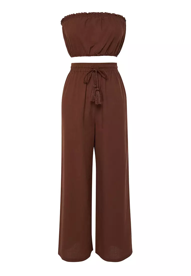 Brown  Weaving 100% Cotton Blouse Trousers Beach Set TBESS21AU0444