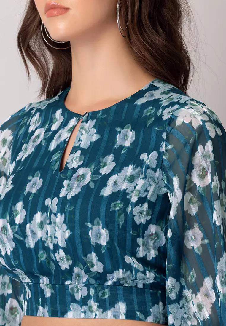 Teal Blue Floral Print Crop Top