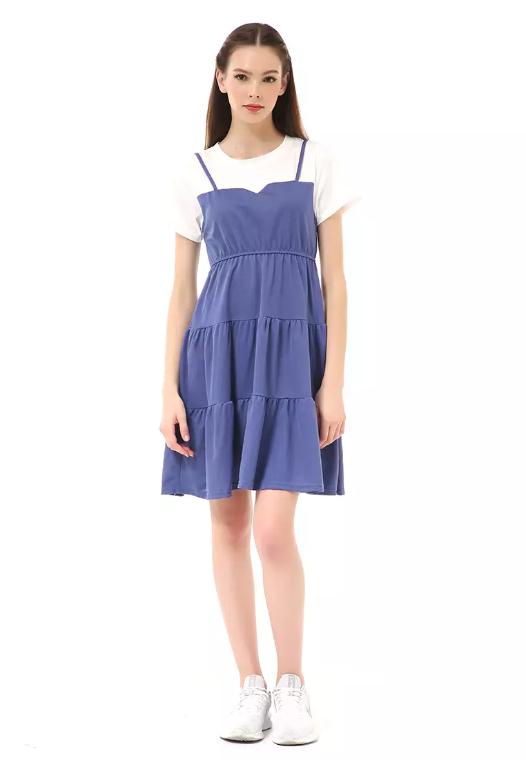 Rachel Midi Dress Wanita Lengan Pendek Model Menyatu Korean Style Material Cotton ORIGINAL - Blue
