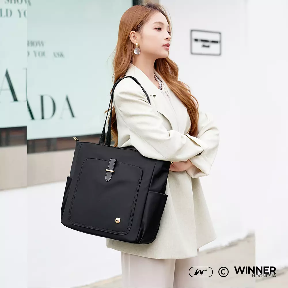 Tas Laptop 14 inch Bahu Selempang Tote Bag Nilon Oxford Wanita Korean Style Anti Air (T14-050-5583) - Hitam 14 inch