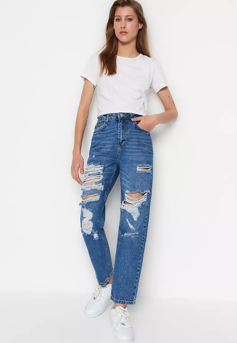 Buy Trendyol Ripped High Waist Jeans 2024 Online | ZALORA Singapore