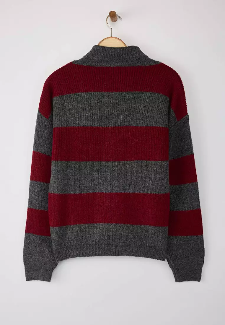 Burgundy Soft Textured Wide Fit Thick V Neck Knitwear Sweater