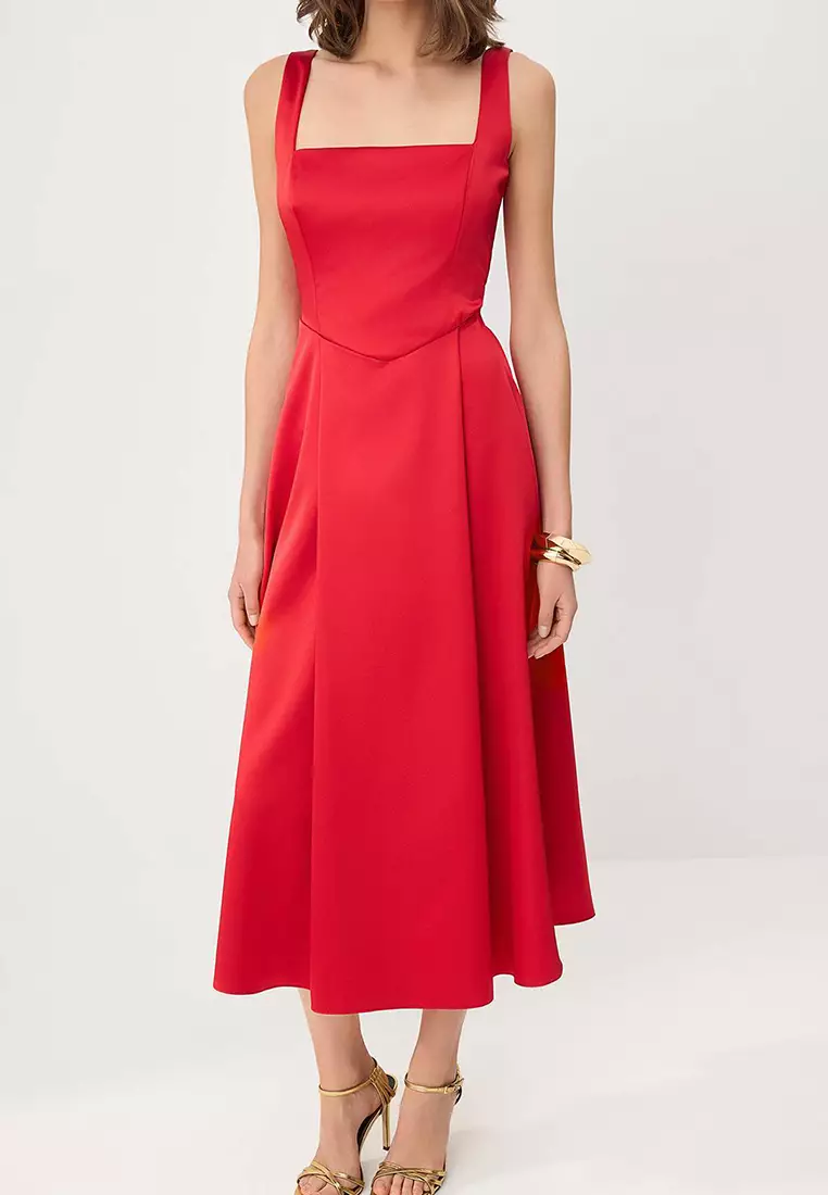 Red Straight Skirt With Open Waistline, Woven Satin Midi, Unlined, Stylish/Evening Dress