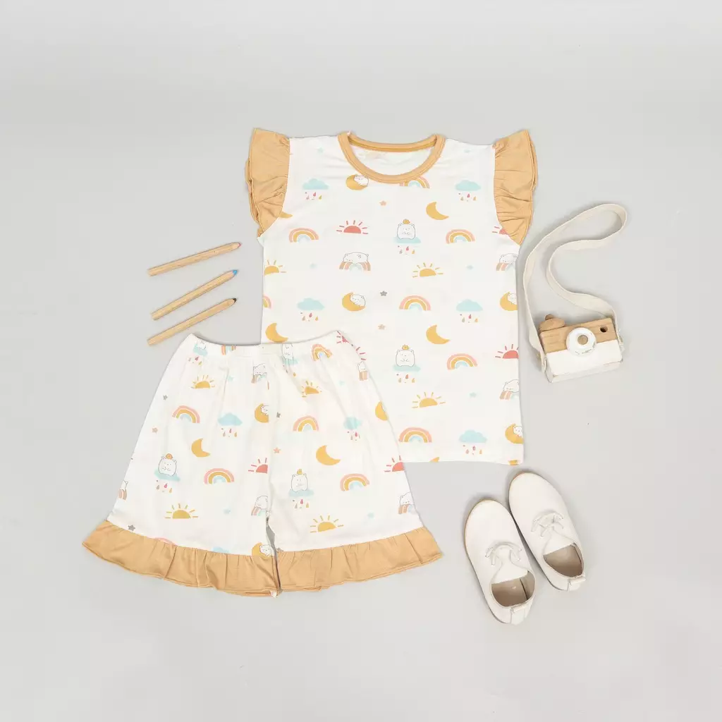 Mooi Setelan Anak Perempuan Tencel Ruffle Mochi Set - Yellow