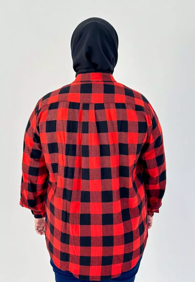 Kemeja Flanel Panjang Wanita (Jumbo Fit BB 95 kg) Merah - Hitam