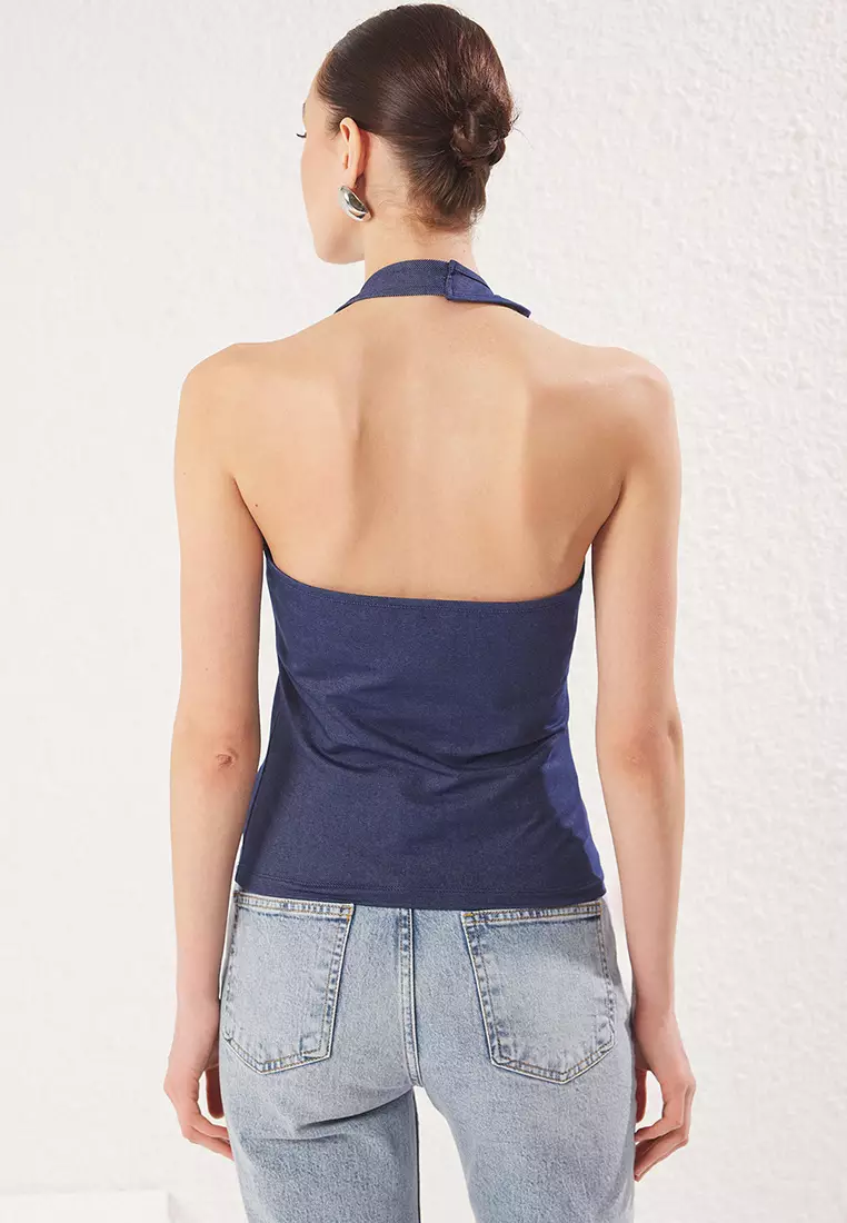 Indigo Denim Look Snap Button Halter Neck Fitted Knitted Blouse