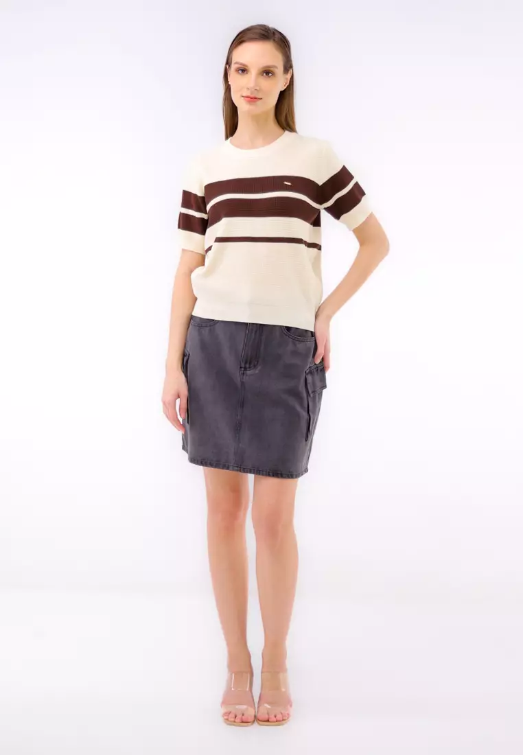 Knitted Stripes Short Sleeve Blouse