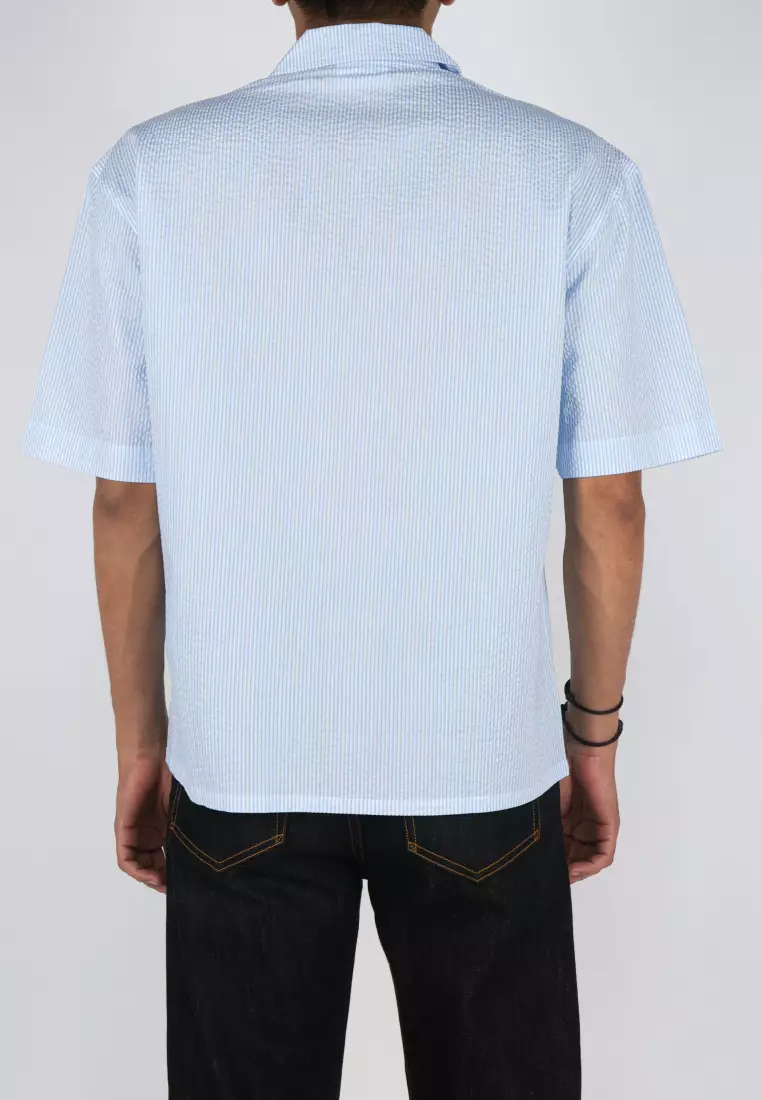 Used 1968 - Wonder Kemeja Katun Casual Pria Bahan Seersucker Lengan Pendek Stripe