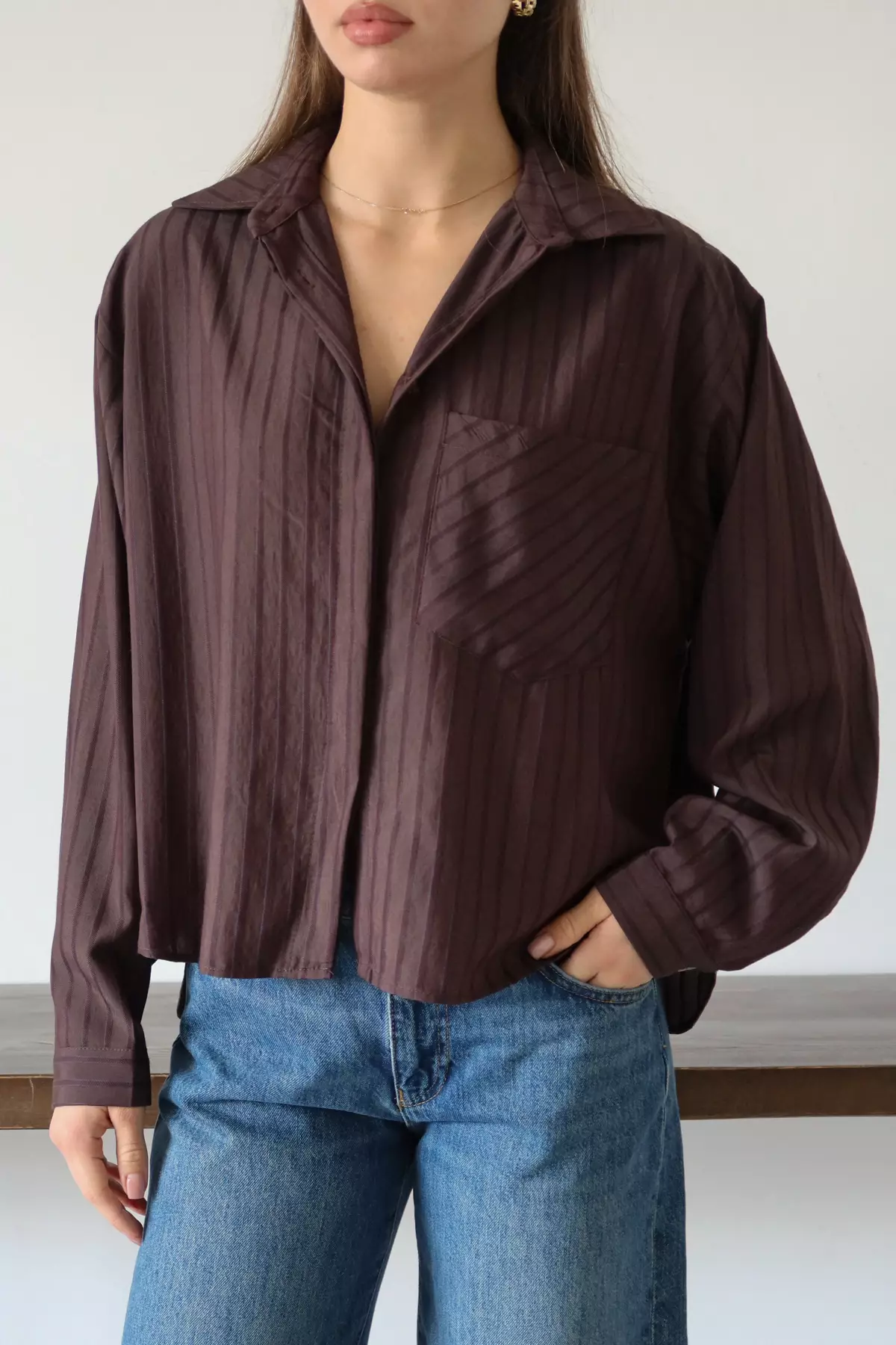 Brown Striped Oversized Woven Shirt Twoaw26Go138