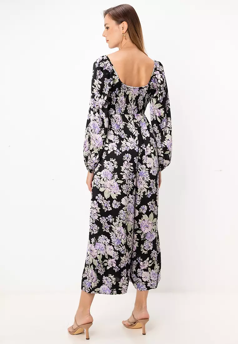 Button Front Tea Jumpsuit With Lace Insert