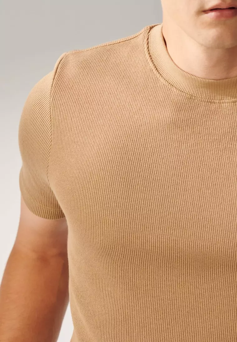 Camel Textured Turtleneck T-shirt